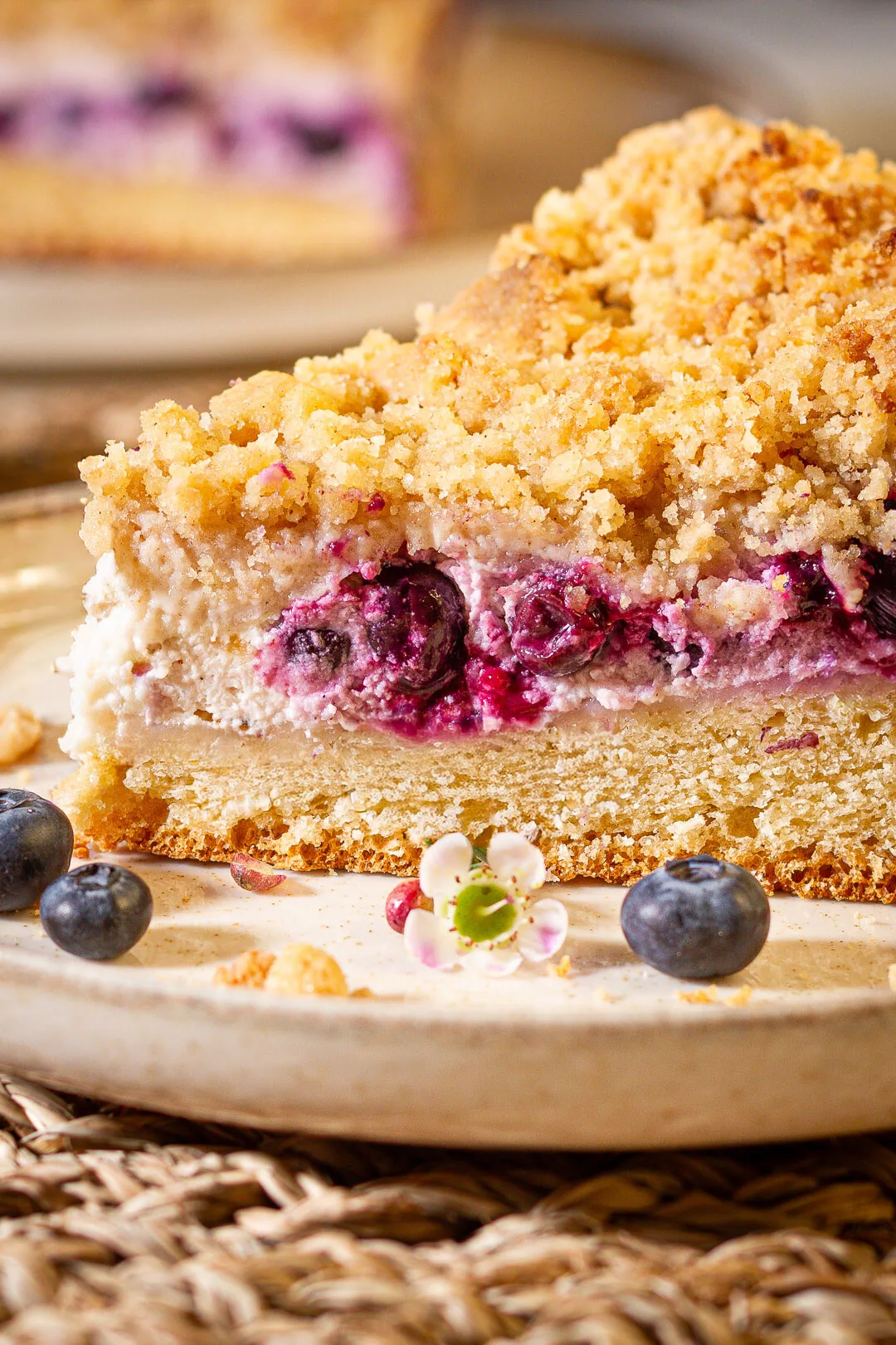 Frischer veganer Blaubeer Streuselkuchen aus Hefeteig auf einem Teller, bestreut mit Puderzucker und Blaubeeren.