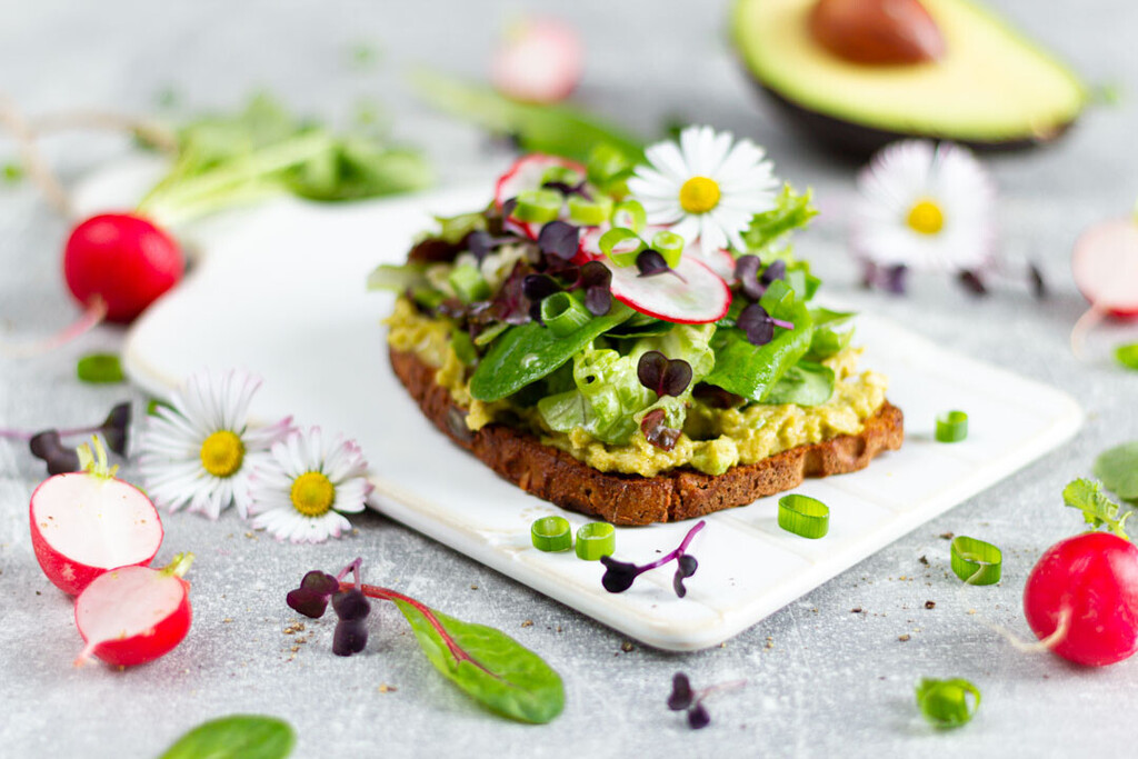 Zwei Scheiben Roggenbrot bestrichen mit Avocadocreme, belegt mit Radieschenscheiben, Salat und Frühlingszwiebeln.
