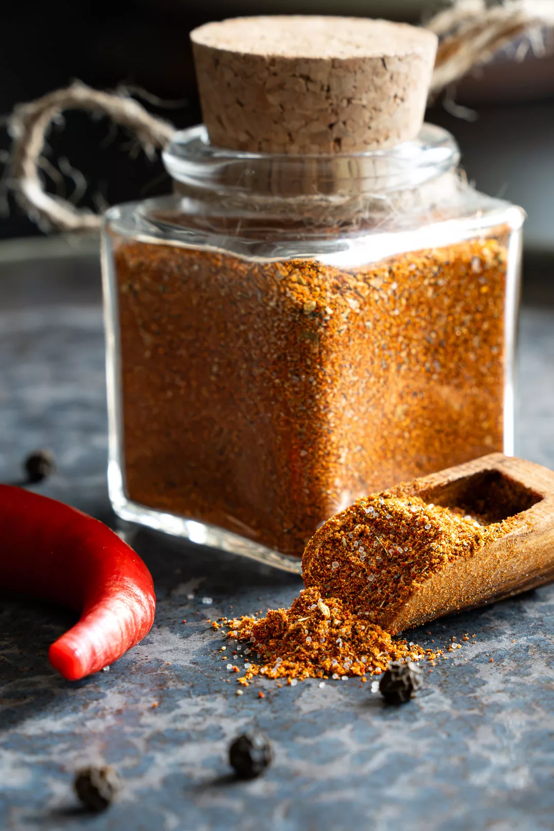 Mexikanische Gewürzmischung in einer Schale, umgeben von ganzen Chilis und Pfefferkörnern auf Stein.