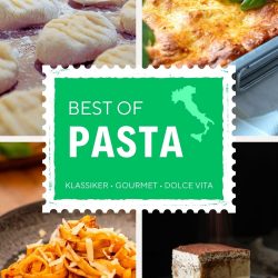 Vierteilige Food-Collage 'Best of Pasta' von Yummy Lavender: Oben links handgemachte Gnocchi auf einer bemehlten Fläche, oben rechts eine goldbraun überbackene Lasagne al Forno in einer Auflaufform, unten links Tagliatelle mit Ragù und Parmesan-Spänen, unten rechts ein cremiges Stück Tiramisu mit Kakaopulver bestreut.