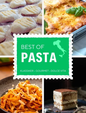 Vierteilige Food-Collage 'Best of Pasta' von Yummy Lavender: Oben links handgemachte Gnocchi auf einer bemehlten Fläche, oben rechts eine goldbraun überbackene Lasagne al Forno in einer Auflaufform, unten links Tagliatelle mit Ragù und Parmesan-Spänen, unten rechts ein cremiges Stück Tiramisu mit Kakaopulver bestreut.