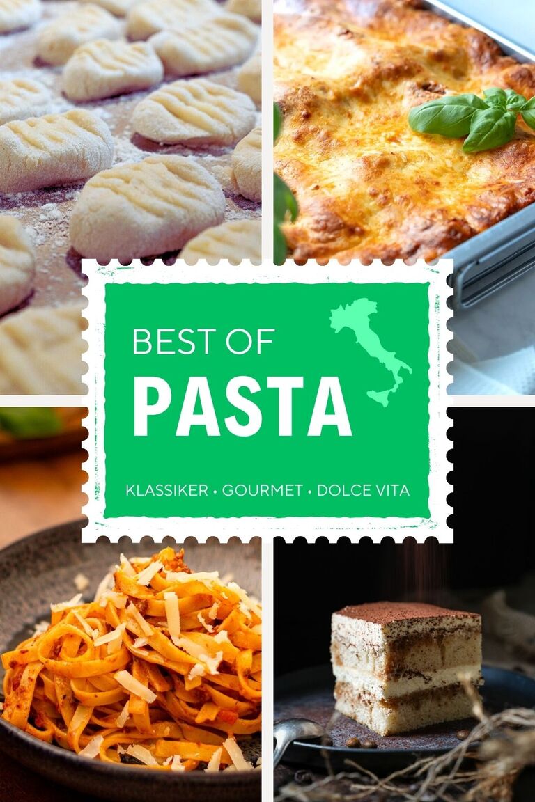 Vierteilige Food-Collage 'Best of Pasta' von Yummy Lavender: Oben links handgemachte Gnocchi auf einer bemehlten Fläche, oben rechts eine goldbraun überbackene Lasagne al Forno in einer Auflaufform, unten links Tagliatelle mit Ragù und Parmesan-Spänen, unten rechts ein cremiges Stück Tiramisu mit Kakaopulver bestreut.