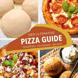 Vierteilige Collage zum Thema Pizza-Guide: Oben links perfekt aufgegangene Pizzateig-Ballen, oben rechts eine klassische neapolitanische Pizza mit Salami und Basilikum, unten links die Gourmet-Pizza Bianca mit Bresaola und Birne, unten rechts goldbraun gebackene Pizzabällchen mit Dip auf einem rustikalen Holzbrett.