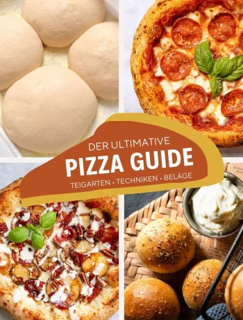 Vierteilige Collage zum Thema Pizza-Guide: Oben links perfekt aufgegangene Pizzateig-Ballen, oben rechts eine klassische neapolitanische Pizza mit Salami und Basilikum, unten links die Gourmet-Pizza Bianca mit Bresaola und Birne, unten rechts goldbraun gebackene Pizzabällchen mit Dip auf einem rustikalen Holzbrett.