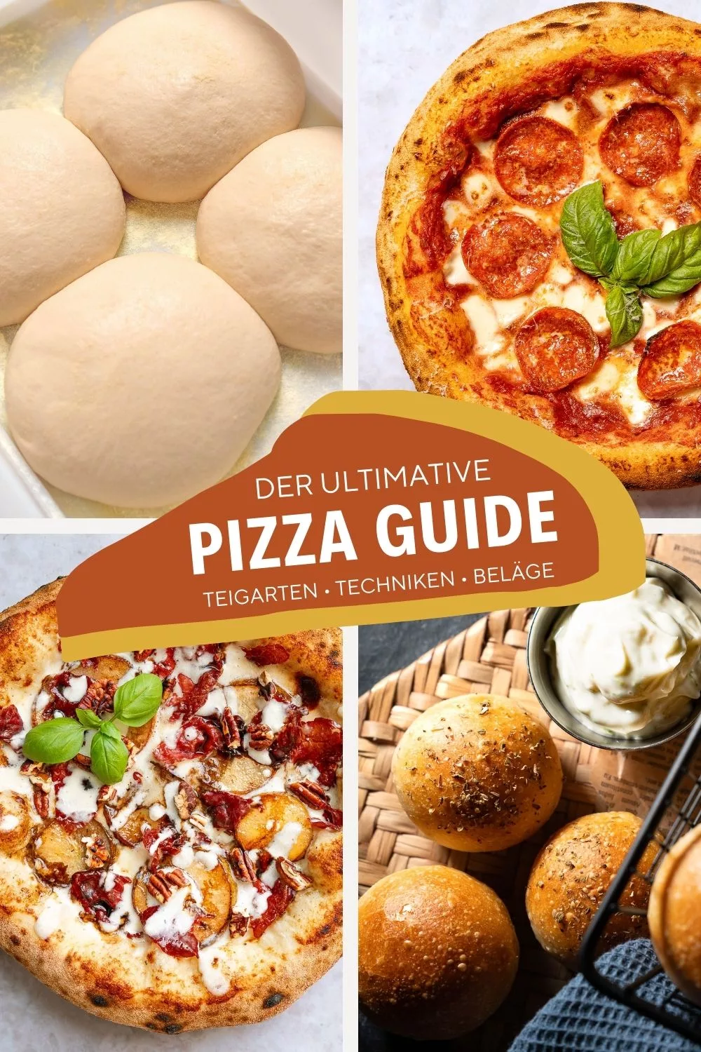 Vierteilige Collage zum Thema Pizza-Guide: Oben links perfekt aufgegangene Pizzateig-Ballen, oben rechts eine klassische neapolitanische Pizza mit Salami und Basilikum, unten links die Gourmet-Pizza Bianca mit Bresaola und Birne, unten rechts goldbraun gebackene Pizzabällchen mit Dip auf einem rustikalen Holzbrett.