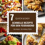 Quick & Easy: 7 schnelle Rezepte für die Feierabendküche Collage aus 4 schnellen Gerichten von Yummy Lavender: oben links bunte Tacos, oben rechts Pasta mit Pfifferlingen, unten links Zoodles mit Garnelen und unten rechts herzhafte Curry-Stullen. In der Mitte ein braunes Textfeld im Briefmarken-Design mit der Aufschrift: 7 Quick & Easy schnelle Rezepte für den Feierabend in max. 35 Minuten.