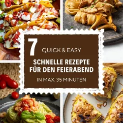 Quick & Easy: 7 schnelle Rezepte für die Feierabendküche Collage aus 4 schnellen Gerichten von Yummy Lavender: oben links bunte Tacos, oben rechts Pasta mit Pfifferlingen, unten links Zoodles mit Garnelen und unten rechts herzhafte Curry-Stullen. In der Mitte ein braunes Textfeld im Briefmarken-Design mit der Aufschrift: 7 Quick & Easy schnelle Rezepte für den Feierabend in max. 35 Minuten.