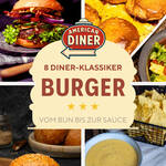 Das ultimative Burger-Baukasten-System: 8 Diner-Rezepte für zu Hause Vierteilige Rezept-Collage im American-Diner-Stil. Oben links: Ein saftiger Bacon-Burger mit roten Zwiebeln. Oben rechts: Goldbraun gebackener Cheeseburger-Auflauf in einer Form. Unten links: Ein frisch gebackenes, glänzendes Brioche-Burger-Bun mit Sesam auf einem Holzbrett. Unten rechts: Eine Schale mit cremiger, gelber Burger-Sauce neben Nacho-Chips. In der Mitte ein beigefarbenes Textfeld mit der Aufschrift „8 Diner-Klassiker BURGER – Vom Bun bis zur Sauce“ und einem Retro-Diner-Logo.