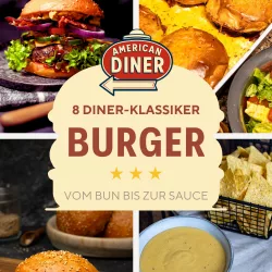 Das ultimative Baukasten-System: 8 Burger Rezepte für zu Hause Vierteilige Rezept-Collage im American-Diner-Stil. Oben links: Ein saftiger Bacon-Burger mit roten Zwiebeln. Oben rechts: Goldbraun gebackener Cheeseburger-Auflauf in einer Form. Unten links: Ein frisch gebackenes, glänzendes Brioche-Burger-Bun mit Sesam auf einem Holzbrett. Unten rechts: Eine Schale mit cremiger, gelber Burger-Sauce neben Nacho-Chips. In der Mitte ein beigefarbenes Textfeld mit der Aufschrift „8 Diner-Klassiker BURGER – Vom Bun bis zur Sauce“ und einem Retro-Diner-Logo.