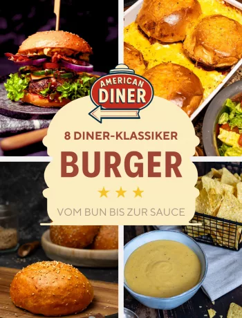 Vierteilige Rezept-Collage im American-Diner-Stil. Oben links: Ein saftiger Bacon-Burger mit roten Zwiebeln. Oben rechts: Goldbraun gebackener Cheeseburger-Auflauf in einer Form. Unten links: Ein frisch gebackenes, glänzendes Brioche-Burger-Bun mit Sesam auf einem Holzbrett. Unten rechts: Eine Schale mit cremiger, gelber Burger-Sauce neben Nacho-Chips. In der Mitte ein beigefarbenes Textfeld mit der Aufschrift „8 Diner-Klassiker BURGER – Vom Bun bis zur Sauce“ und einem Retro-Diner-Logo.
