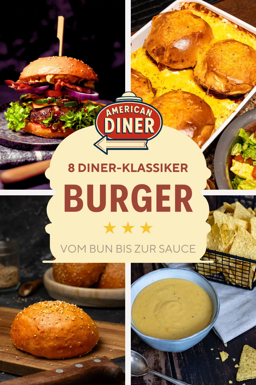 Vierteilige Rezept-Collage im American-Diner-Stil. Oben links: Ein saftiger Bacon-Burger mit roten Zwiebeln. Oben rechts: Goldbraun gebackener Cheeseburger-Auflauf in einer Form. Unten links: Ein frisch gebackenes, glänzendes Brioche-Burger-Bun mit Sesam auf einem Holzbrett. Unten rechts: Eine Schale mit cremiger, gelber Burger-Sauce neben Nacho-Chips. In der Mitte ein beigefarbenes Textfeld mit der Aufschrift „8 Diner-Klassiker BURGER – Vom Bun bis zur Sauce“ und einem Retro-Diner-Logo.