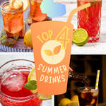 Collage von vier verschiedenen sommerlichen Kaltgetränken, darunter Zitronen-Eistee, Wassermelonen-Drink, rote Beeren-Limonade und Eiskaffee, serviert in Gläsern mit Eiswürfeln und Zitronendeko.