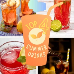 Collage von vier verschiedenen sommerlichen Kaltgetränken, darunter Zitronen-Eistee, Wassermelonen-Drink, rote Beeren-Limonade und Eiskaffee, serviert in Gläsern mit Eiswürfeln und Zitronendeko.
