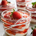 Erdbeer-Tiramisu im Glas mit Keksboden, cremiger Mascarpone-Quark-Schicht, fruchtigem Erdbeer-Topping und frischer Erdbeere als Dekoration.