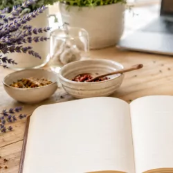 Heller Foodblog-Arbeitsplatz mit offenem Notizbuch, Laptop, Tee, Lavendel, frischen Kräutern, Zitronen und Rezeptkarten auf einem Holztisch.