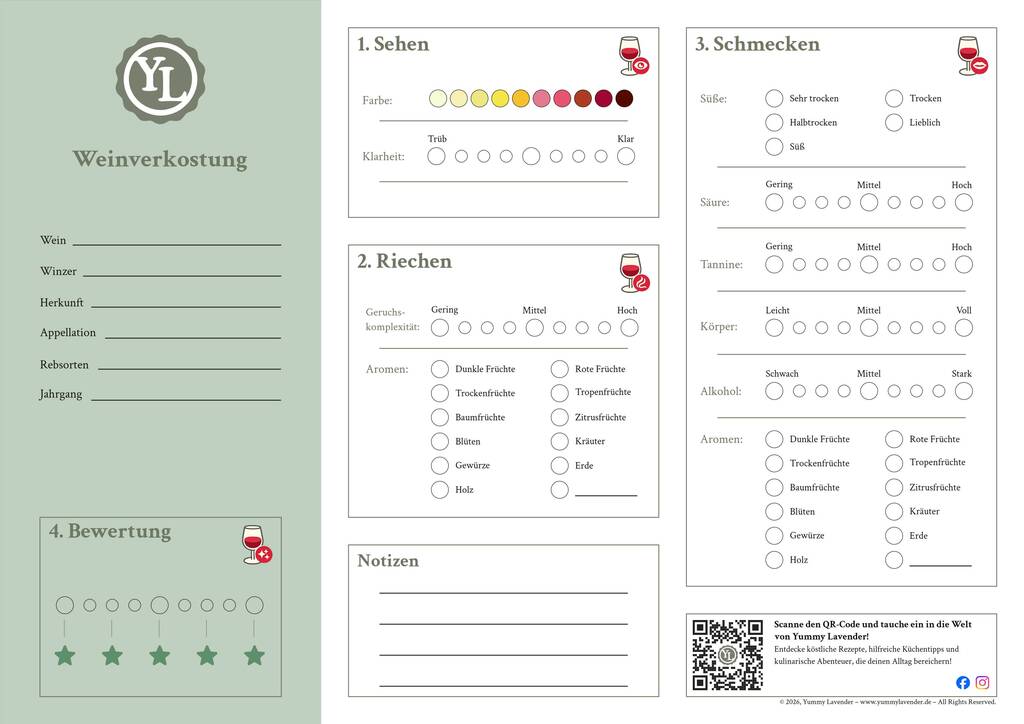 Thumbnail eines Verkostungsbogens für eine Weinprobe mit Feldern zu Wein, Winzer und Herkunft sowie den Bereichen Sehen, Riechen, Schmecken, Bewertung und Notizen.