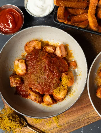 Currywurst mit würziger roter Currysoße, Currypulver und Pommes auf einem Teller als selbstgemachter Imbiss-Klassiker.