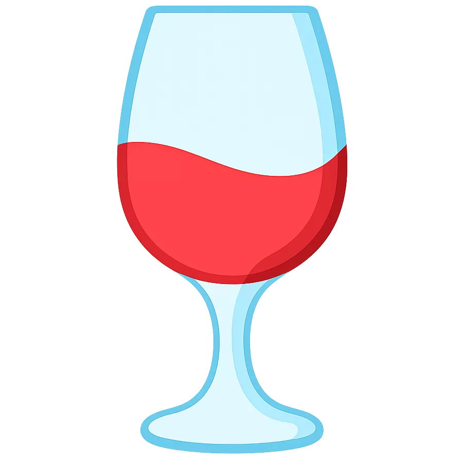Illustriertes Icon eines mit rotem Wein gefüllten Weinglases mit hellblauer Kontur.