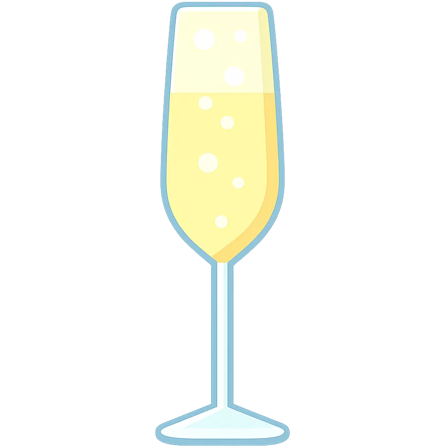 Illustriertes Icon eines mit hellgelbem Sekt gefüllten Sektglases mit aufsteigenden Bläschen und hellblauer Kontur.