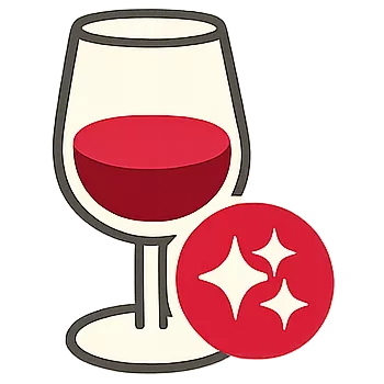 Illustriertes Icon mit einem Glas Rotwein und einem roten Kreis mit weißen Glanzsymbolen für den Schritt „Bewerten“ bei einer Weinverkostung.