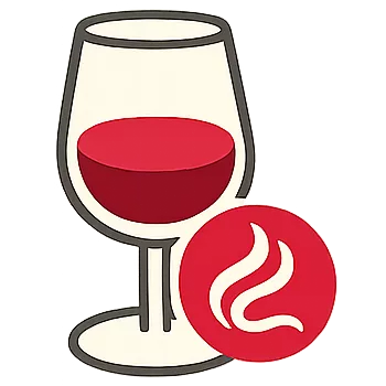 Illustriertes Icon mit einem Glas Rotwein und einem roten Duftsymbol für den Schritt „Riechen“ bei einer Weinverkostung.