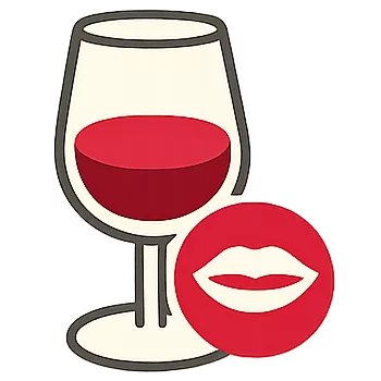 Illustriertes Icon mit einem Glas Rotwein und einem roten Mundsymbol für den Schritt „Schmecken“ bei einer Weinverkostung.