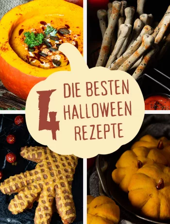 Collage mit verschiedenen Halloween Rezepten und Grusel Snacks für das Partybuffet.