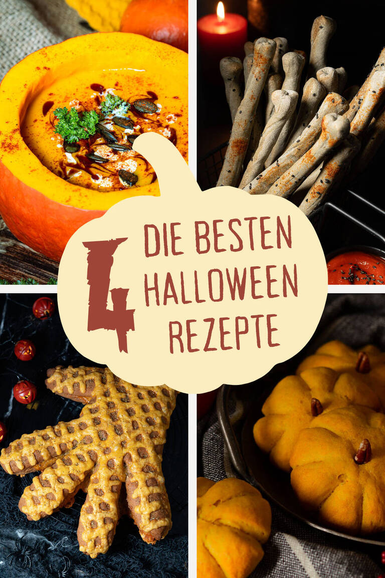 Collage mit verschiedenen Halloween Rezepten und Grusel Snacks für das Partybuffet.
