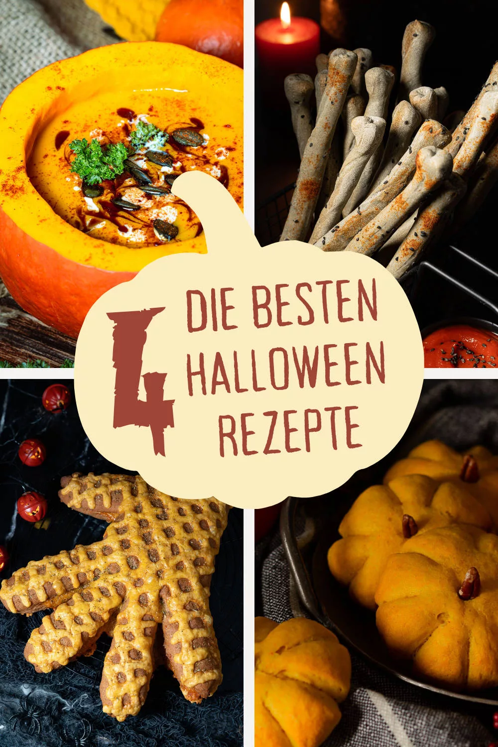 Collage mit verschiedenen Halloween Rezepten und Grusel Snacks für das Partybuffet.