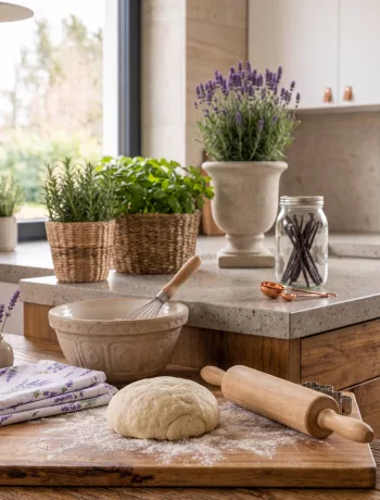 Schriftzug Backen mit Backutensilien, Mehl, Eiern und Rührschüssel auf Küchenarbeitsplatte.