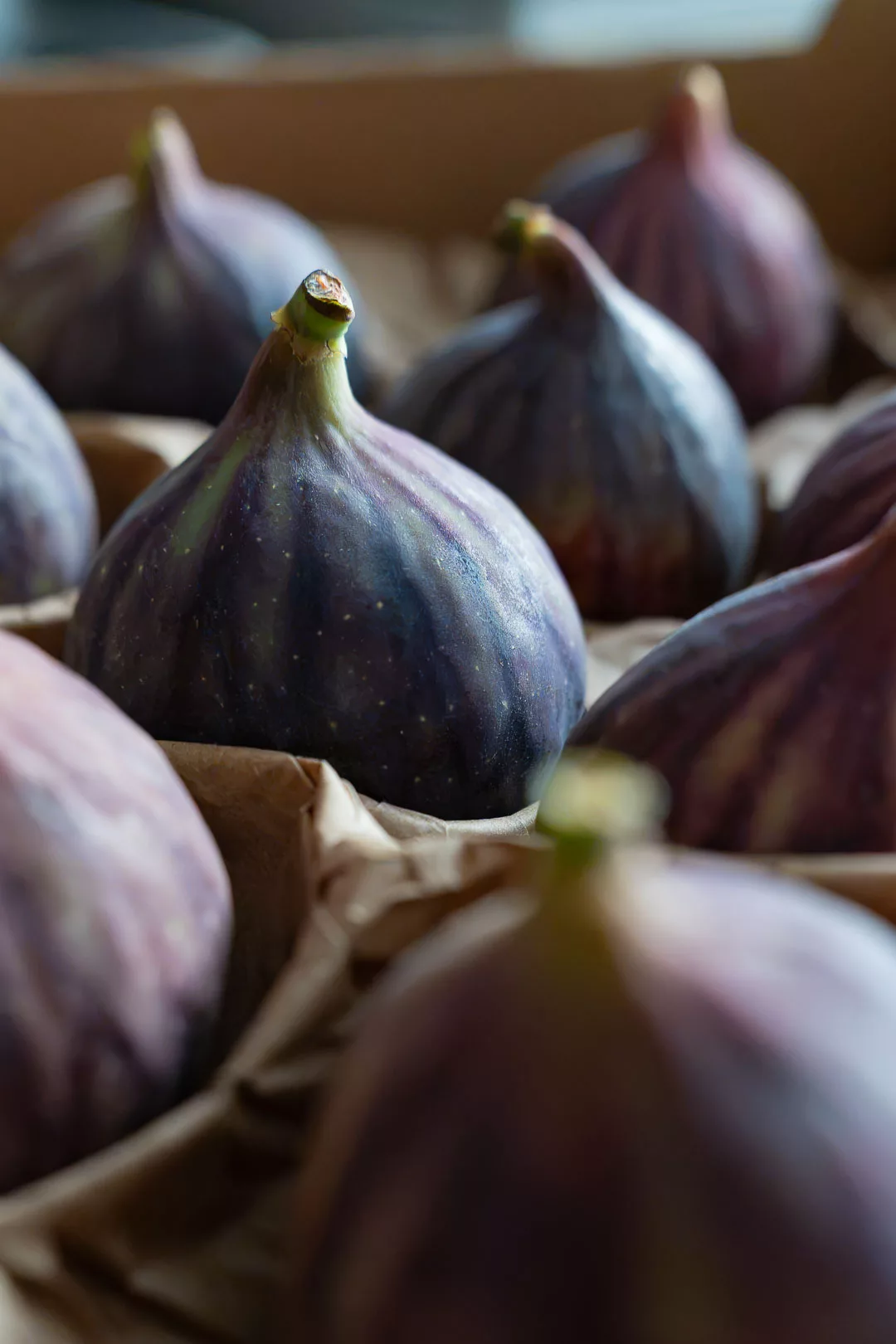 Mehrere frische, ganze dunkelviolette Feigen nebeneinander auf dunklem Untergrund angerichtet.
