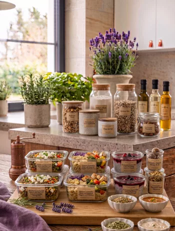 Meal Prep mit vorbereiteten Frischhalteboxen, frischem Gemüse und Besteck auf Arbeitsfläche.