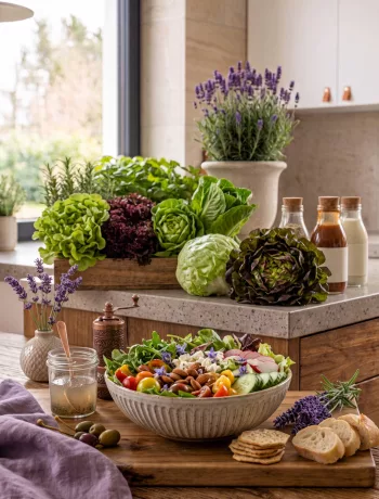 Schriftzug Salate mit frischer Salatschüssel, Salatbesteck und Gemüse auf Küchenarbeitsplatte.