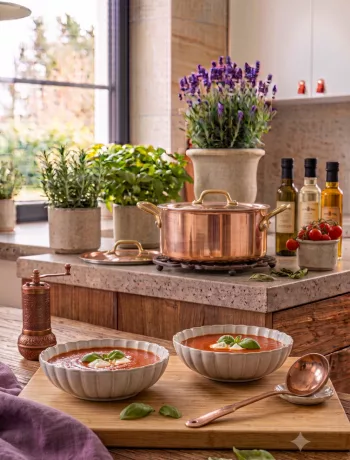 Suppen mit Suppenschüssel, Schöpfkelle und frischen Kräutern auf Holztisch.