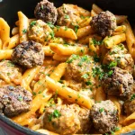 One Pot Pasta mit Meatballs in Tomatensauce in einer großen Pfanne, garniert mit Mozzarella und frischer Petersilie.