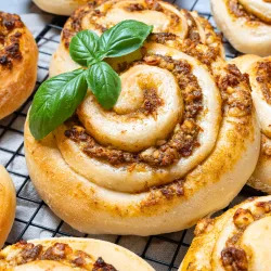 Vegetarische Pizzaschnecken mit Pesto – Das perfekte Partygebäck Pizzaschnecken mit Pesto auf einem Kuchengitter, garniert mit frischen Basilikumblättern.