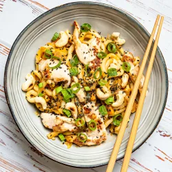 Udon-Nudeln mit Hoisin-Huhn: Einfach & lecker Udon-Nudeln mit Hoisin-Huhn und glänzender Sauce in einer Schale, garniert mit Sesam und Frühlingszwiebeln.