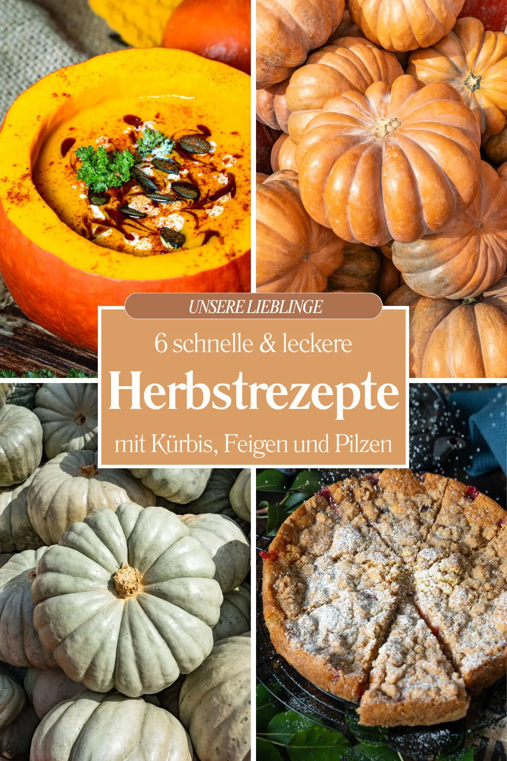 4er-Collage für leckere Herbstrezepte mit cremiger Suppe im Kürbis, Kürbisstapeln und einem Streuselkuchen mit Puderzucker.