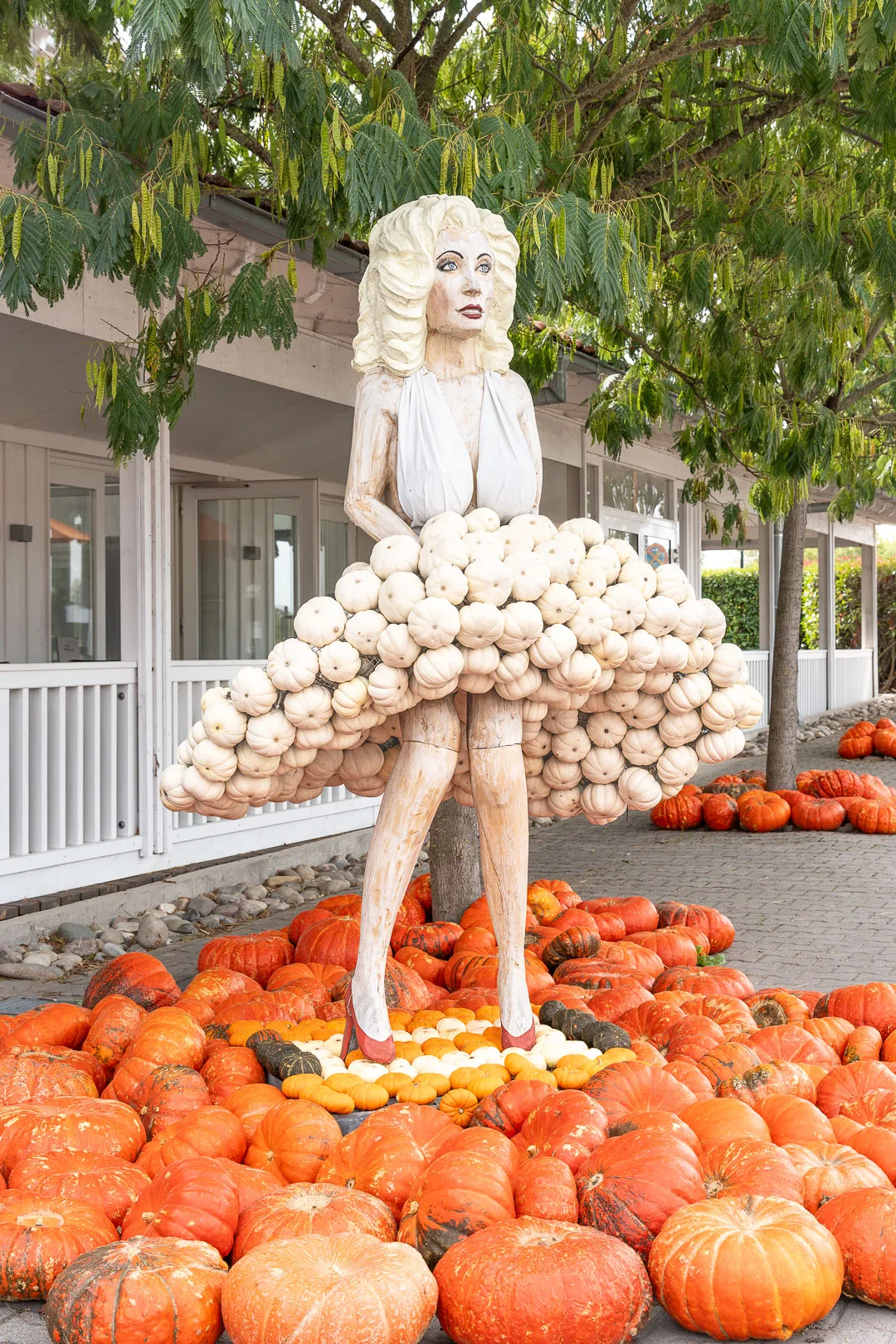 Amerikanische Frau mit Rock aus Kürbissen als Holzfigur, stehend in vielen großen orangen Kürbissen im Freien.